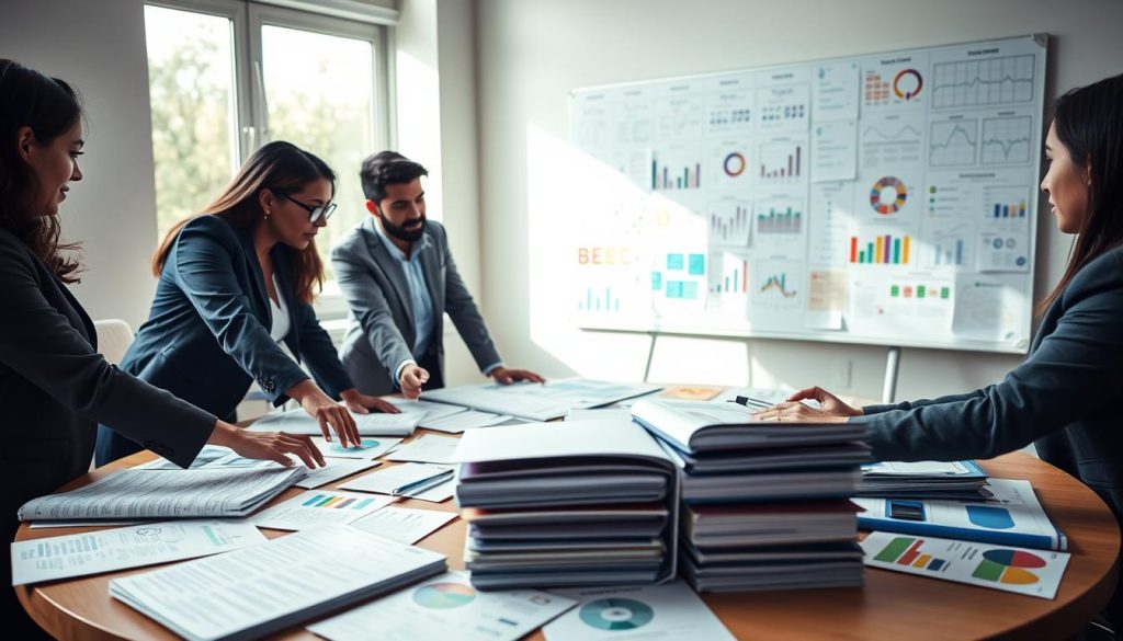 A focused workspace featuring a round table covered with neatly organized fundraising materials, such as detailed brochures, persuasive presentations, and data analytics reports. In the foreground, a diverse group of three professionals, clad in smart business attire, are reaching across the table to discuss strategies, their expressions indicating collaboration and concentration. The middle layer shows a large window with soft, natural sunlight filtering in, casting gentle shadows, and creating a warm atmosphere. In the background, a large whiteboard filled with colorful charts and notes emphasizes strategic planning, enhancing the sense of purpose. The overall mood is one of productivity and teamwork, evoking a sense of alignment and preparation for successful fundraising efforts.