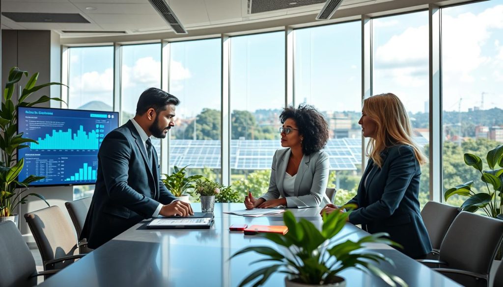 A modern and visually striking office environment featuring a professional team engaged in a collaborative meeting on climate technology investments. In the foreground, three diverse professionals in business attire, including a South Asian woman, a Black man, and a Caucasian woman, are discussing innovative climate tech solutions, surrounded by digital screens displaying graphs and data. The middle ground showcases a large conference table with sustainable materials, and green plants accentuating the space, creating a refreshing atmosphere. In the background, panoramic windows reveal a vibrant cityscape with solar panels and greenery, symbolizing a commitment to sustainability. Bright, natural lighting filters through the windows, casting soft shadows and enhancing the inviting mood of partnership and innovation.