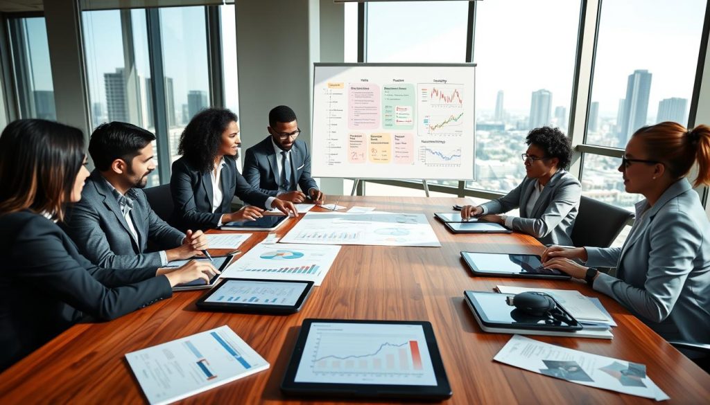 A modern conference room with a large wooden table covered in folders, charts, and digital tablets showcasing financial data. In the foreground, a diverse group of four professionals in business attire are engaged in a dynamic discussion, pointing at a detailed investment thesis document with graphs and projections. The middle-ground features a sleek whiteboard filled with colorful notes and diagrams illustrating investment strategies. In the background, large windows let in natural light, offering a view of a city skyline, casting soft shadows across the room. The atmosphere is focused and collaborative, embodying a sense of ambition and strategic planning. The image should be shot from a slightly elevated angle to capture the entire setting cohesively.
