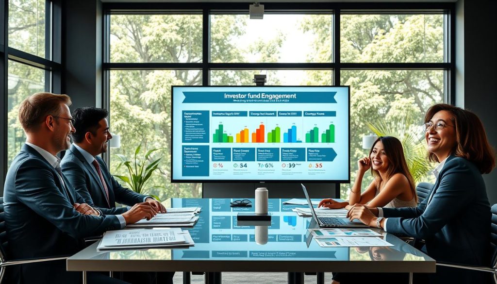 A modern corporate boardroom setting, filled with natural light streaming through large windows, creates an inviting atmosphere. In the foreground, a diverse group of four professionals in business attire engage in a lively discussion around a sleek conference table filled with documents and charts showcasing investment strategies. In the middle ground, a large digital screen displays a visually compelling infographic highlighting investor engagement metrics and climate-focused project timelines. The background features lush greenery visible through the windows, symbolizing sustainable investments. Soft, balanced lighting casts a warm glow, enhancing focus on the participants' expressions of enthusiasm and collaboration. The overall mood is one of dynamic engagement and clarity, emphasizing the importance of investor relationships in climate fund fundraising efforts.