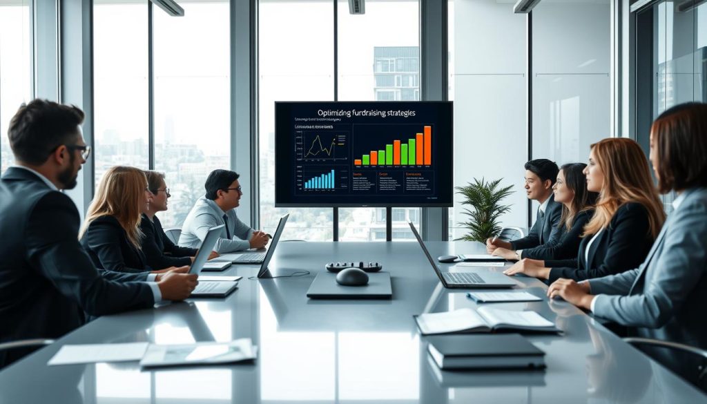 A modern corporate office environment showcasing a GP fundraising process. In the foreground, a diverse group of professionals, both men and women, dressed in smart business attire, engage in a dynamic discussion around a sleek conference table, equipped with laptops, charts, and financial materials. The middle of the image highlights a large digital screen displaying a sophisticated presentation about optimizing fundraising strategies, with graphs and key points. The background reveals large windows allowing natural light to fill the room, giving a sense of openness and productivity. The atmosphere is energetic yet professional, reflecting collaboration and focus. The composition includes a slight depth of field, creating a sense of intimacy while emphasizing the teamwork involved in the fundraising process.