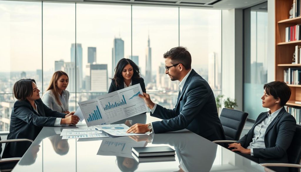 A modern corporate office setting depicting a diverse group of finance professionals engaged in a lively discussion around a sleek conference table. In the foreground, a male and female business professional, dressed in tailored suits, examine financial reports and charts displaying growth strategies. In the middle ground, a glass wall reveals a bustling city skyline, symbolizing opportunity and expansion. Soft, diffused lighting illuminates the scene, creating a professional yet inviting atmosphere. The background contains shelves filled with books on finance and investment, enhancing the context of private credit fund fundraising. The overall mood conveys collaboration, strategic thinking, and determination. The angle captures both the participants and the panoramic view, emphasizing the synergy between finance and the vibrant urban environment.