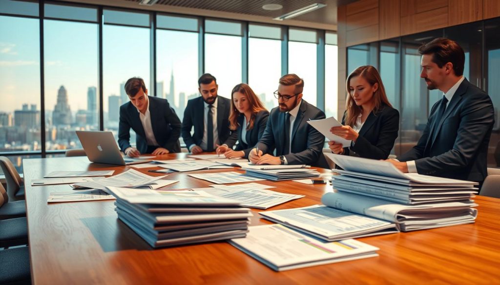 A modern office conference room is depicted in the foreground, featuring a large wooden table strewn with documents, an open laptop displaying financial spreadsheets, and a stack of reports. On one side, a diverse group of business professionals in formal attire are engaged in a discussion, with focused expressions as they review materials for institutional due diligence. In the background, large windows reveal a city skyline bathed in natural sunlight, casting a warm glow throughout the room. The atmosphere is a blend of professionalism and urgency, with a lens effect that subtly blurs the background to emphasize the group's collaboration. The lighting is bright yet soft, highlighting the determination on their faces as they prepare for critical financial assessments.