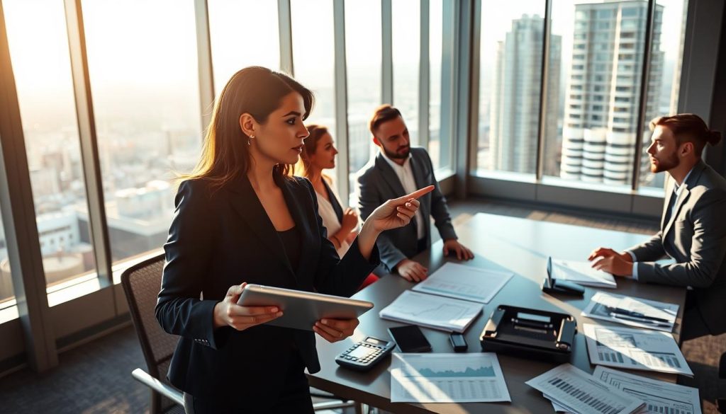 A modern office environment featuring a diverse group of four professionals engaged in a discussion about private credit investing. In the foreground, a confident woman in a tailored navy blazer is pointing to a financial chart on a digital tablet, while a man in a gray suit takes notes. In the middle, a sleek conference table scattered with documents, calculators, and financial reports emphasizes analysis and strategy. In the background, large windows offer a panoramic city view, drenched in warm afternoon sunlight, creating an inviting atmosphere. The lighting is bright yet soft, casting gentle shadows. The overall mood is focused and collaborative, reflecting the serious nature of private credit investment fundamentals.