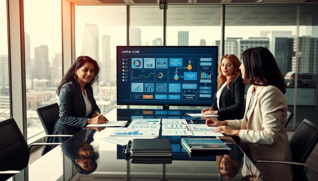 A modern office environment reflecting a corporate financial setting. In the foreground, a diverse group of three professionals, a South Asian woman, a Black man, and a Caucasian woman, all dressed in smart business attire, are engaged in a collaborative discussion around a sleek conference table filled with documents, charts, and analysis tools. In the middle ground, a large digital screen displays graphically appealing capital flow diagrams and process maps, emphasizing clarity and strategy. The background features large windows bringing in natural light, providing a panoramic view of a city skyline. The atmosphere is energetic and focused, with soft lighting that highlights the professionals' expressions of collaboration and insight, capturing the essence of leveraging solutions for clarity in financial processes.