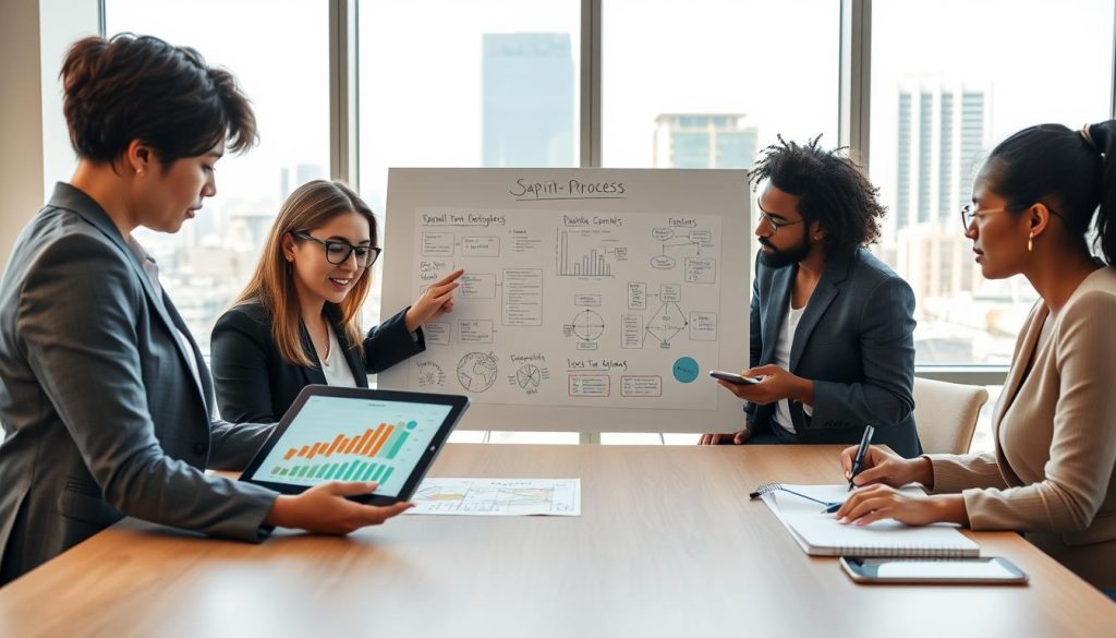 A modern office environment showcasing a diverse group of four professionals engaged in strategic discussions around a large conference table. In the foreground, a confident woman in business attire examines a digital tablet displaying graphs and data, emphasizing capital-process discipline. In the middle, a man gestures towards a whiteboard filled with flowcharts and diagrams illustrating sustainable growth strategies. Other colleagues, one Asian male and one Black female, are taking notes and brainstorming ideas. The background features a large window with a view of a bustling city, symbolizing opportunity and growth. Soft, natural lighting streams in, creating an inspiring atmosphere of collaboration and innovation, captured with a wide-angle lens for a dynamic perspective.