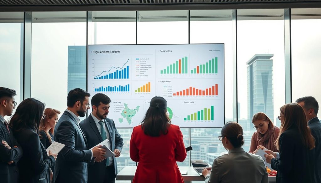 A modern office setting depicting regulatory reforms in investment access. In the foreground, a diverse group of professionals in business attire, including men and women of various ethnicities, engaged in a collaborative discussion over documents and digital devices. The middle ground features a large screen displaying charts and graphs illustrating investment trends and reforms in India. The background shows a glass window revealing a skyline of modern Indian architecture, with soft daylight filtering through, creating an atmosphere of optimism and progress. The scene conveys a sense of professionalism and collaboration, with subtle reflections on the glass adding depth. The composition is shot from a slightly elevated angle, enhancing focus on the discussion and visual elements.