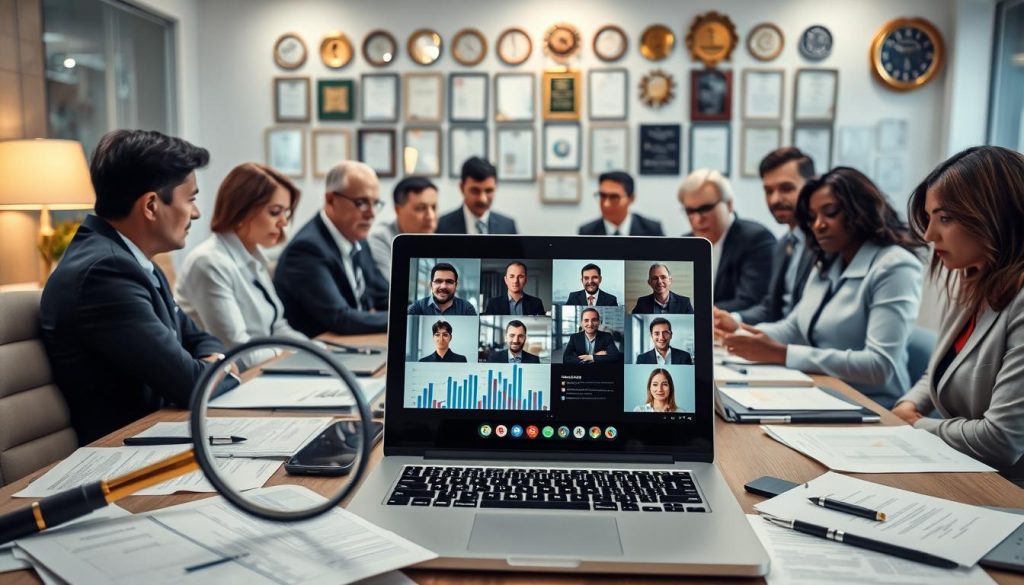 A modern office setting filled with professionals engaged in discussions around a large conference table, featuring a diverse group of men and women dressed in smart business attire. In the foreground, a magnifying glass and assorted documents symbolize the screening and diligence processes, while a laptop displays detailed graphs and data. The middle ground has an open laptop displaying a video call with international investors, with focused expressions on participants' faces. The background showcases a wall of awards and certificates, highlighting credibility and success. Soft, warm lighting enhances the atmosphere of collaboration and diligence, with a slight depth-of-field effect to draw the viewer's eye to key elements without distraction. The overall mood is one of professionalism, focus, and strategic planning.