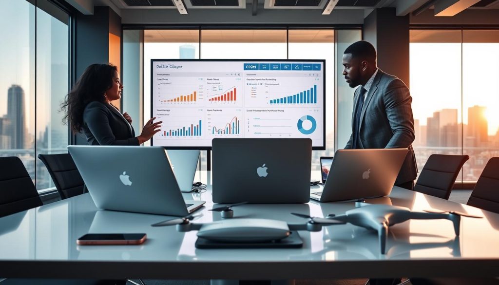 A modern office setting showcasing professionals engaged in deal flow management through advanced technology. In the foreground, a diverse group of three business people, including a South Asian woman, a Caucasian man, and an African American man, are collaborating over a large digital screen displaying charts, graphs, and CRM data. In the middle ground, sleek laptops and tablets are spread across a polished conference table, with smart gadgets such as a smartphone and a drone in the mix. The background features large windows with a city skyline view, softly lit by the afternoon sun, imparting a warm and optimistic atmosphere. The image captures a spirit of innovation and teamwork, emphasizing efficiency in leveraging technology for decision-making. The scene is well-composed, with a focus on clarity and professionalism.