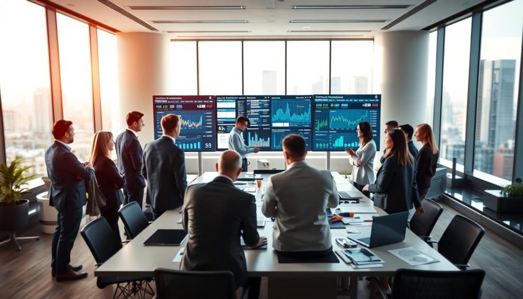 A modern office setting with a sleek, professional data room. In the foreground, a diverse group of investors, dressed in business attire, are engaged in discussions while reviewing interactive digital displays showcasing various financial data. The middle ground features a large table filled with documents, charts, and laptops, highlighting the customization process. The background reveals floor-to-ceiling windows with a cityscape view, allowing natural light to pour in, creating an inviting atmosphere. Use a shallow depth of field to focus on the group while blurring the background slightly. The mood is collaborative and innovative, illustrating the importance of tailoring data rooms to accommodate different investor profiles.