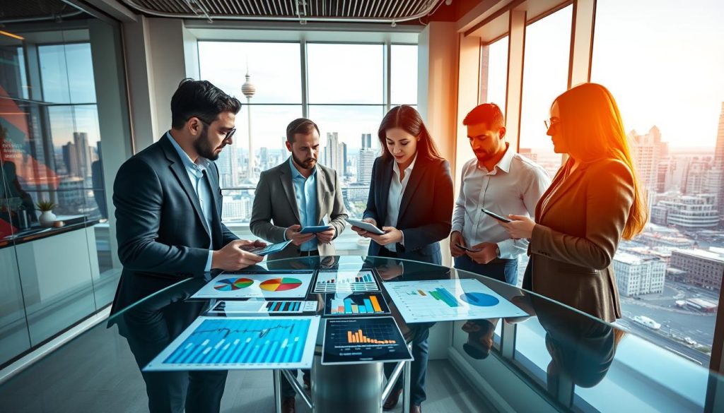 A modern office workspace showcasing a team of diverse professionals engaged in a collaborative discussion about market trends and sector opportunities. In the foreground, a group of three individuals in professional attire (business suits and smart casual wear) huddle around a sleek glass table, analyzing colorful charts and graphs on digital devices. The middle ground features a large screen displaying dynamic data visualizations, while a window panorama reveals a cityscape embodying business growth, with skyscrapers and bustling streets. The lighting is bright, evoking a sense of optimism and innovation, complemented by a warm color palette. An overhead angle captures the team’s interactions, emphasizing teamwork and strategic thinking. The atmosphere is energetic and focused, reflecting the integration of forward-thinking ideas and market insights.