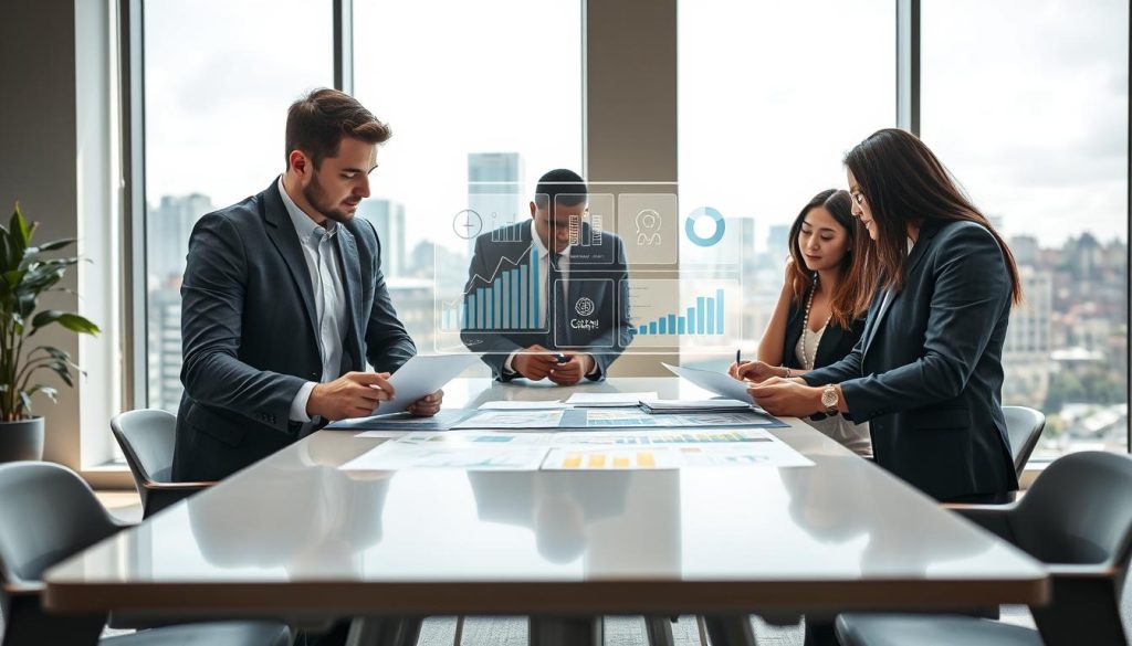 A modern, professional office environment showcasing a diverse group of businesspeople engaged in a strategic discussion about capital positioning and targeting clarity. In the foreground, a diverse group of three individuals—two men and one woman—dressed in smart business attire, are gathered around a sleek conference table, examining a variety of documents and digital devices. In the middle ground, a large, interactive digital display shows graphs and charts symbolizing investment opportunities and market segmentation. The background features large windows with a city skyline, allowing natural light to illuminate the room, creating a focused yet inviting atmosphere. The mood is one of collaboration and energy, emphasizing clarity in decision-making processes related to capital investments.