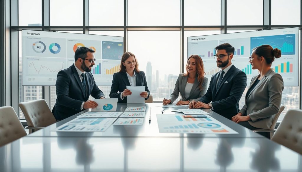 A modern, professional office setting showcasing diverse industry verticals in investments. In the foreground, a sleek conference table with a group of four business professionals in formal attire, discussing charts and documents featuring SaaS, AI, Fintech, and other industry graphics. The middle ground displays large digital screens illustrating analytics dashboards and market trends, with vibrant graphs and icons representing each vertical. The background features a panoramic city view through large glass windows, with a bright, sunlit skyline. The lighting is bright and inviting, creating an atmosphere of collaboration and innovation. The focus is sharp, with a slight depth of field for a professional and sophisticated mood. No text or identifiable logos present.