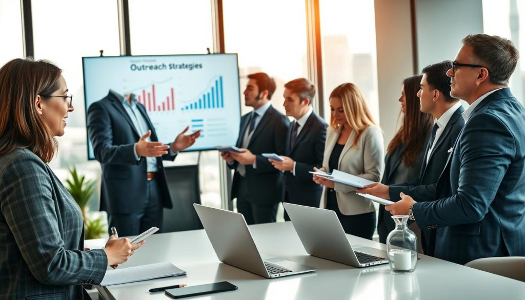 A modern, professional office setting with diverse individuals engaged in a collaborative meeting. In the foreground, a woman in professional attire is taking notes, while a man gestures enthusiastically with a presentation slide on a screen behind him showcasing graphs and charts of outreach strategies. In the middle ground, a group of professionals, also in business attire, regularly nodding and discussing among themselves, with notepads and laptops open. The background shows large windows with a cityscape view, highlighting a bright and optimistic atmosphere. Soft, warm lighting illuminates the room, emphasizing a sense of teamwork and innovation. The composition should evoke a mood of professionalism, collaboration, and strategic planning in cross-border investments.