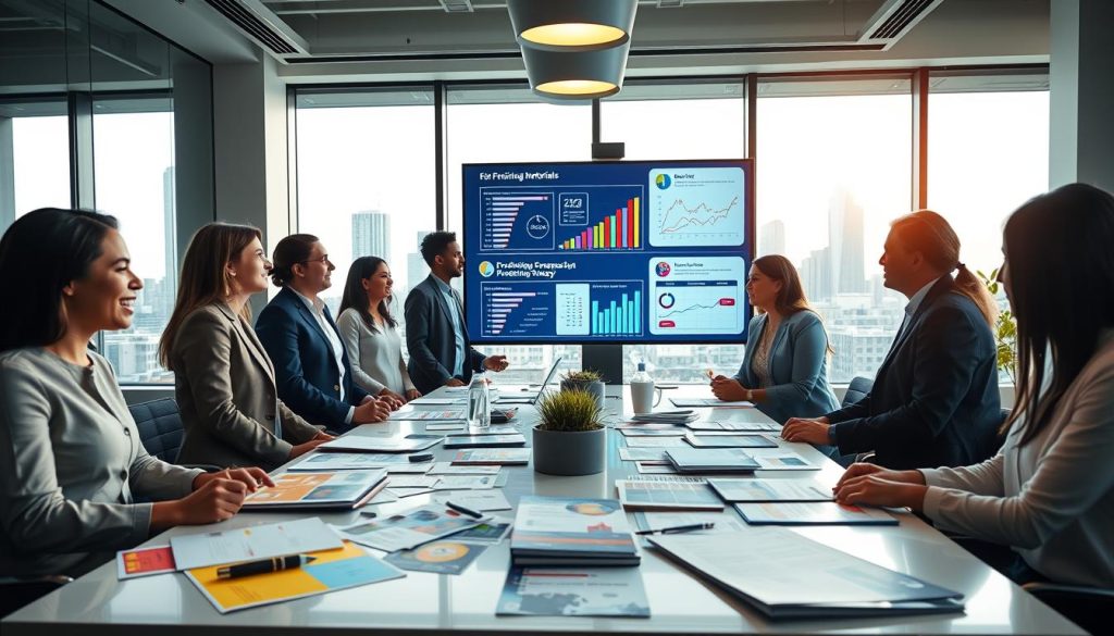 A modern workspace showcasing the importance of AIF fundraising materials. In the foreground, a diverse group of professionals, dressed in smart business attire, collaborates around a sleek conference table filled with colorful brochures, charts, and presentation boards related to fundraising strategies. In the middle, a vibrant digital display on the wall shows key performance indicators and fundraising goals. Soft, natural lighting illuminates the scene, creating a warm and inviting atmosphere, while a large window in the background reveals a city skyline, symbolizing growth and opportunity. The angle captures the dynamic interaction among the team, emphasizing the collaborative nature of fundraising efforts. The overall mood is focused, enthusiastic, and professional.