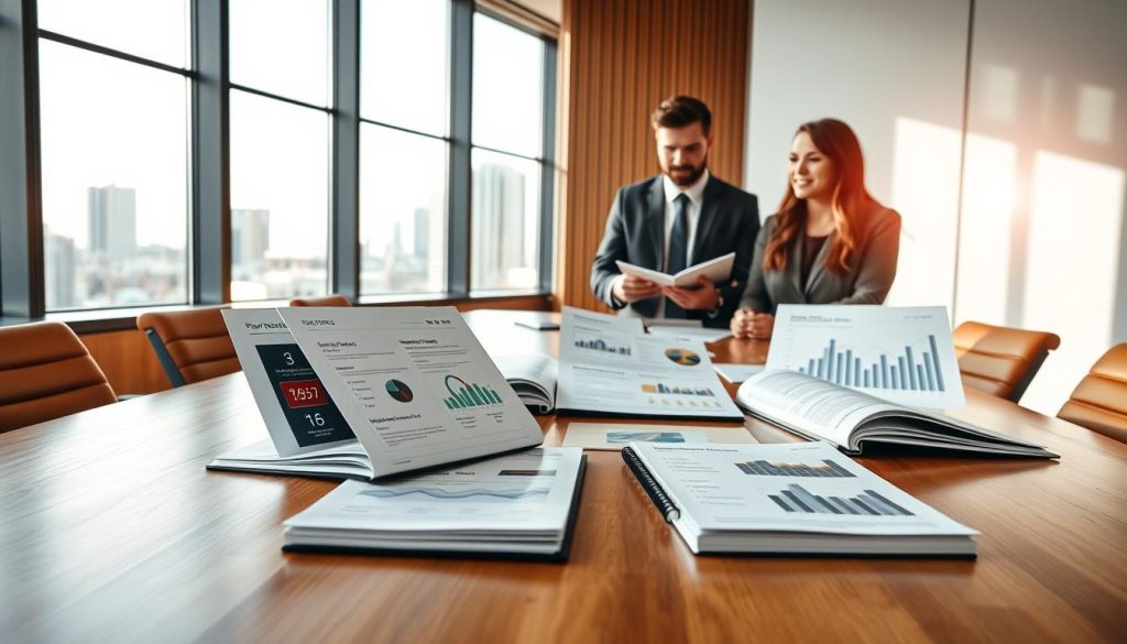 A polished office environment creatively arranged to showcase "Pitch and Investor Materials for Family Offices." In the foreground, a sleek, wooden conference table holds elegantly designed pitch decks, financial reports, and graphs in professional bindings. Middle ground features two professionals in business attire, a male and a female, engaged in a discussion over the materials, exuding confidence and professionalism. The background shows a well-lit office with large windows revealing a cityscape, casting natural light that enhances the atmosphere. Soft shadows add depth, while a subtle lens flare from the window creates a welcoming, optimistic mood. The overall color palette is warm and inviting, emphasizing trust and collaboration without any text or logos. A polished office environment creatively arranged to showcase "Pitch and Investor Materials for Family Offices." In the foreground, a sleek, wooden conference table holds elegantly designed pitch decks, financial reports, and graphs in professional bindings. Middle ground features two professionals in business attire, a male and a female, engaged in a discussion over the materials, exuding confidence and professionalism. The background shows a well-lit office with large windows revealing a cityscape, casting natural light that enhances the atmosphere. Soft shadows add depth, while a subtle lens flare from the window creates a welcoming, optimistic mood. The overall color palette is warm and inviting, emphasizing trust and collaboration without any text or logos.