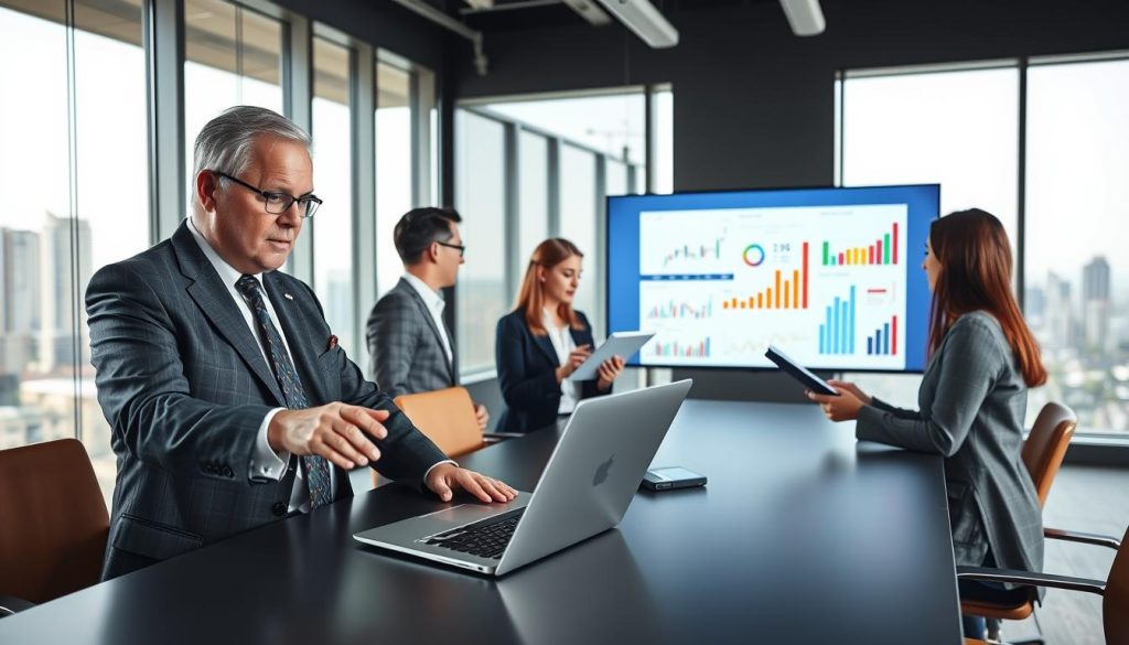 A professional and modern office setting with a diverse group of investors engaged in a discussion around a sleek conference table. In the foreground, a focused middle-aged man in a tailored suit gestures while pointing at a laptop displaying graphical data trends. The middle section features a young woman in smart casual attire, taking notes on a tablet, with colorful charts and graphs projected on a screen behind her. The background shows large windows with a city skyline, creating a bright and optimistic atmosphere. Utilize soft, natural lighting from the windows to enlighten the scene, and a wide-angle perspective to convey a sense of collaboration and strategic planning. The overall mood should be insightful and forward-thinking.