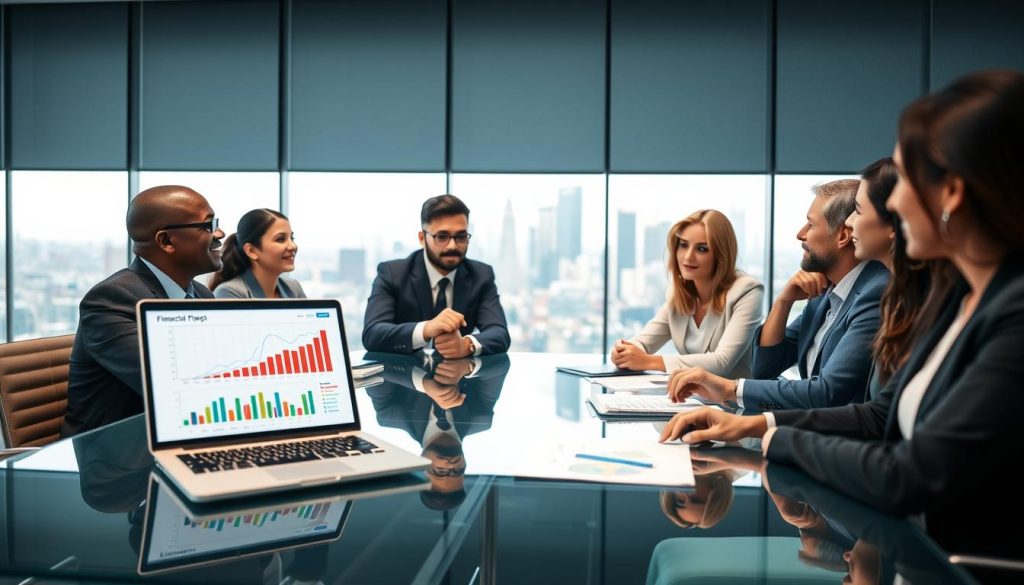 A professional business meeting scene focused on financial clarity, featuring a diverse group of individuals dressed in modern business attire, sitting around a sleek glass conference table. In the foreground, a well-organized financial presentation is displayed on a laptop, with colorful graphs and charts visible. In the middle ground, one individual confidently points to a chart on the laptop, while others listen attentively, showcasing engagement and interest. The background includes a large window with a view of a city skyline, illuminated by soft natural light filtering in, creating a bright and optimistic atmosphere. The scene conveys professionalism, collaboration, and financial insight, with a slight depth-of-field effect to emphasize the subjects in the foreground.