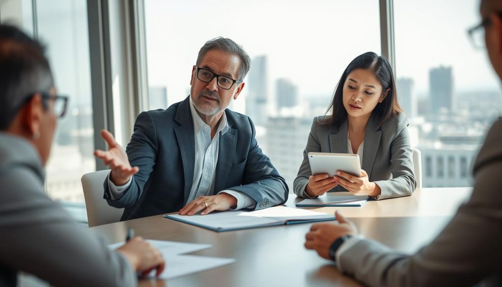 A professional business meeting scene set in a modern office environment, focusing on a diverse group of three individuals engaged in a discussion around a large table. In the foreground, a middle-aged Caucasian gentleman, dressed in a tailored suit, is gesturing thoughtfully, while a younger Asian woman in business attire listens attentively, taking notes on a tablet. In the background, a large window reveals a city skyline, allowing natural light to flood the room, creating an optimistic atmosphere. Soft shadows enhance the focus on the subjects, and the camera angle is slightly elevated, capturing their expressions of concentration and trust. The overall mood is collaborative and insightful, emphasizing the importance of building relationships before making investment decisions. A professional business meeting scene set in a modern office environment, focusing on a diverse group of three individuals engaged in a discussion around a large table. In the foreground, a middle-aged Caucasian gentleman, dressed in a tailored suit, is gesturing thoughtfully, while a younger Asian woman in business attire listens attentively, taking notes on a tablet. In the background, a large window reveals a city skyline, allowing natural light to flood the room, creating an optimistic atmosphere. Soft shadows enhance the focus on the subjects, and the camera angle is slightly elevated, capturing their expressions of concentration and trust. The overall mood is collaborative and insightful, emphasizing the importance of building relationships before making investment decisions.