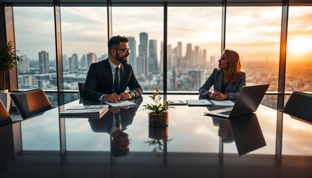 A professional business setting depicting a diverse group of three business executives engaged in a strategic discussion. The foreground features a polished conference table with modern laptops, financial reports, and a small plant. The middle ground shows the executives, two men and one woman, dressed in sharp business attire, their expressions focused and collaborative. The background presents a large window with a view of a bustling Indian city skyline at dusk, with warm golden light streaming in. The atmosphere is one of innovation and opportunity, highlighting an air of professionalism and ambition. The scene is captured with a wide-angle lens to include the depth of the room, emphasizing the vibrant urban energy outside, while maintaining a soft focus on the executives. No text, captions, or branding is present.