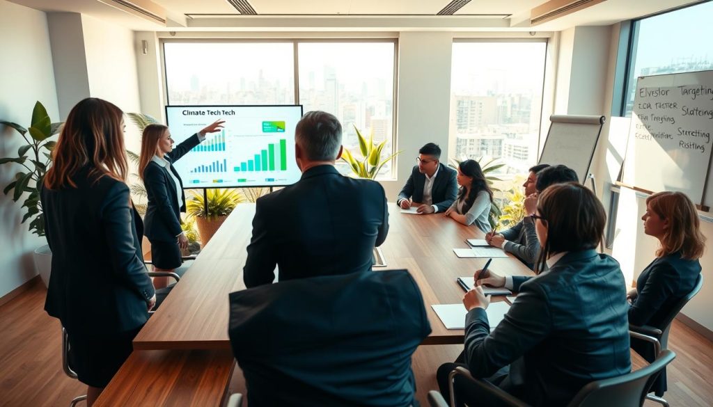 A professional meeting room with a modern, sleek design, featuring a long wooden conference table surrounded by diverse business professionals in smart business attire, engaged in a discussion. In the foreground, a professional woman points to a digital projection displaying graphs and climate tech visuals, while a man takes notes. In the middle, a large window reveals a cityscape with green spaces, symbolizing sustainability. The background includes plants and a whiteboard filled with strategic notes about investor targeting and positioning. Soft, natural lighting filters through the window, creating an inviting atmosphere, and the camera angle is slightly high, capturing the dynamic interaction among the participants.