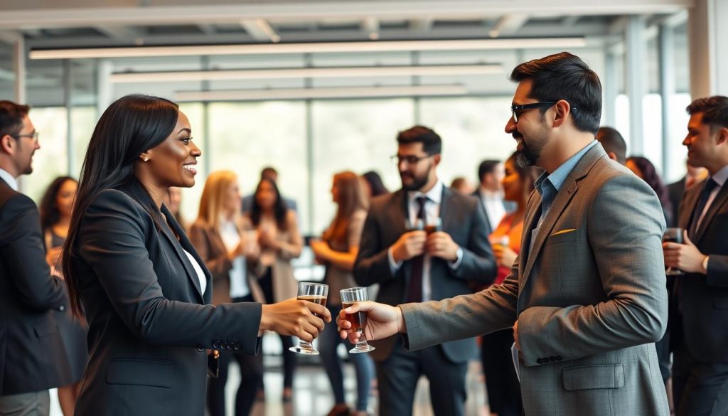 A professional networking event set in a modern office space, with diverse individuals engaged in warm introductions. In the foreground, two professionals, a Black woman and a Hispanic man, are shaking hands, both dressed in smart business attire. The middle ground features small groups of individuals in deep conversation, showcasing camaraderie and trust-building, all while holding glasses of water and coffee. The background displays a sleek, well-lit office with large windows, allowing natural light to pour in, creating an inviting atmosphere. The mood is collaborative and positive, emphasizing connection and professionalism, with a soft focus to enhance the feeling of approachability. Use a slight depth of field to draw attention to the interactions in the foreground. A professional networking event set in a modern office space, with diverse individuals engaged in warm introductions. In the foreground, two professionals, a Black woman and a Hispanic man, are shaking hands, both dressed in smart business attire. The middle ground features small groups of individuals in deep conversation, showcasing camaraderie and trust-building, all while holding glasses of water and coffee. The background displays a sleek, well-lit office with large windows, allowing natural light to pour in, creating an inviting atmosphere. The mood is collaborative and positive, emphasizing connection and professionalism, with a soft focus to enhance the feeling of approachability. Use a slight depth of field to draw attention to the interactions in the foreground.