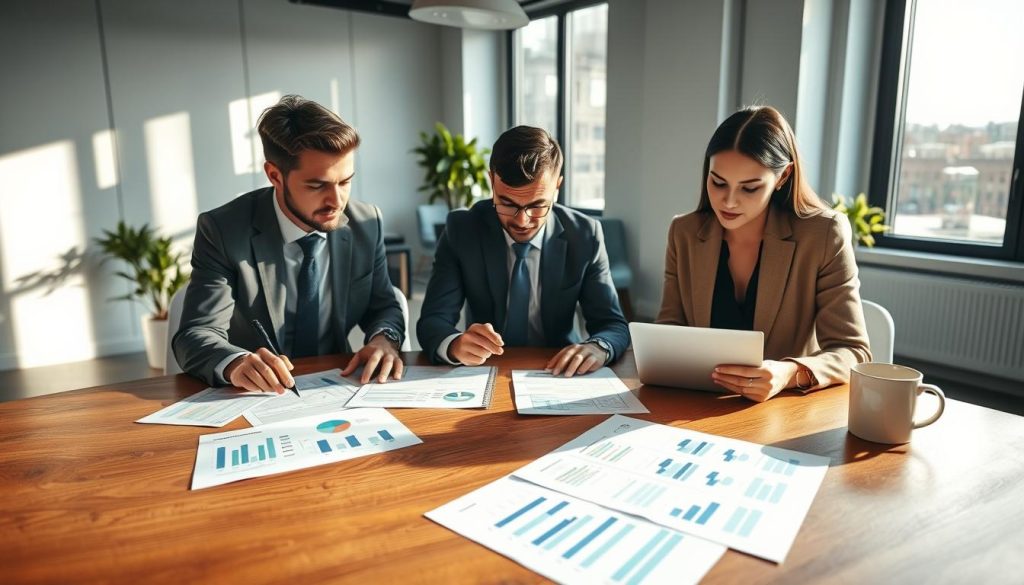 A professional office setting with a modern wooden desk in the foreground, neatly arranged with clear fundraising documents, graphs, and charts displayed prominently. A diverse team of three business professionals, two men and one woman, dressed in business attire, focus intently as they collaborate on the documents. Bright, diffused natural lighting filters in through large windows in the background, casting a warm glow on the scene. A plant and a coffee mug add a touch of warmth to the workspace. The atmosphere is one of productivity and clarity, emphasizing the importance of organized, straightforward fundraising materials. The camera angle captures the team from a slight overhead view, showcasing both their engagement and the detailed documents they are reviewing.