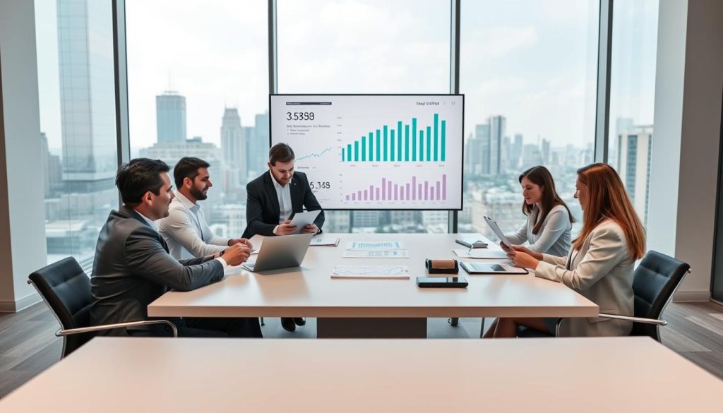 A sleek, modern office space filled with natural light, featuring a large conference table in the foreground. Seated around the table are four professionals in business attire—two men and two women—engaged in a focused discussion, analyzing documents and digital tablets. In the middle, a large screen displays financial graphs and charts related to wealth management and investment opportunities. The background showcases city skyline views through floor-to-ceiling windows, symbolizing growth and aspiration. Soft, ambient lighting creates a confident and sophisticated atmosphere, encouraging collaboration and strategic thinking. The camera angle is slightly elevated, capturing the dynamic interactions and the impressive view, emphasizing the theme of targeted capital opportunities in a global context.