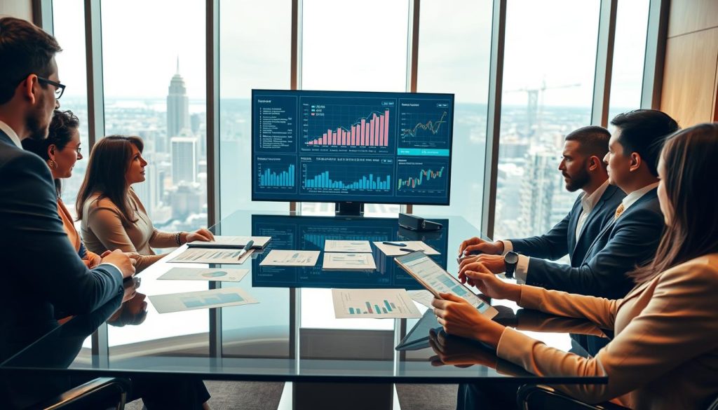 A sophisticated boardroom setting filled with diverse professionals engaged in a strategic discussion about capital allocation. In the foreground, a diverse group of three individuals, dressed in professional business attire, are seated around a sleek glass table, examining financial documents and graphs displayed on a digital tablet. The middle ground features a modern presentation screen showcasing relevant charts and data, underscoring the theme of investment and strategic planning. In the background, large windows reveal a panoramic city skyline, suggesting a bustling financial district. Soft, warm lighting creates an inviting atmosphere, enhancing the mood of collaboration and trust. The shot should be taken from a slightly elevated angle, providing a comprehensive view of the interactions and environment, emphasizing the importance of family offices in capital allocation. A sophisticated boardroom setting filled with diverse professionals engaged in a strategic discussion about capital allocation. In the foreground, a diverse group of three individuals, dressed in professional business attire, are seated around a sleek glass table, examining financial documents and graphs displayed on a digital tablet. The middle ground features a modern presentation screen showcasing relevant charts and data, underscoring the theme of investment and strategic planning. In the background, large windows reveal a panoramic city skyline, suggesting a bustling financial district. Soft, warm lighting creates an inviting atmosphere, enhancing the mood of collaboration and trust. The shot should be taken from a slightly elevated angle, providing a comprehensive view of the interactions and environment, emphasizing the importance of family offices in capital allocation.