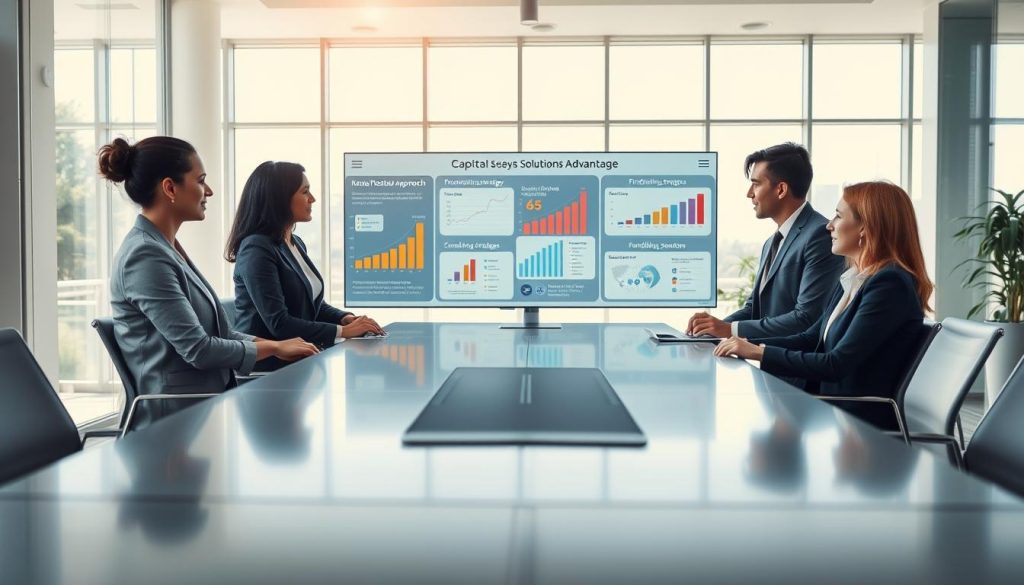 A sophisticated business meeting depicting a "Capital Process Partner Approach" in action. In the foreground, a diverse group of three professionals, a man and two women, are engaged in discussion around a sleek, modern conference table. They are dressed in professional business attire, exuding confidence and collaboration. The middle ground features a large digital screen displaying charts and graphs related to fundraising strategies, highlighting the "Senya Solutions Advantage." In the background, a contemporary office space with large windows allowing natural light to flood the room, creating a bright and optimistic atmosphere. The mood is focused yet inviting, conveying a sense of teamwork and innovation in the fundraising process. Use a wide-angle lens perspective to capture the entire scene. Ensure the lighting emphasizes the clarity and professionalism of the environment.