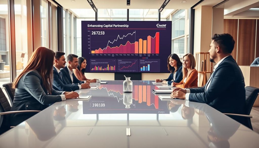 A sophisticated business meeting scene illustrating "Enhancing Capital Process Partnerships." In the foreground, a diverse group of professionals in business attire, engaged in discussion around a sleek, modern conference table. Their expressions convey collaboration and focus. In the middle ground, a large digital screen displays financial graphs and partnership progression, enhancing the sense of strategy and analytics. The background showcases a stylish office with large windows, allowing natural light to flood the space, creating a bright and optimistic atmosphere. A warm color palette envelops the room, fostering a mood of innovation and partnership. The angle is slightly elevated, capturing the dynamics of interaction while maintaining a professional ambiance.