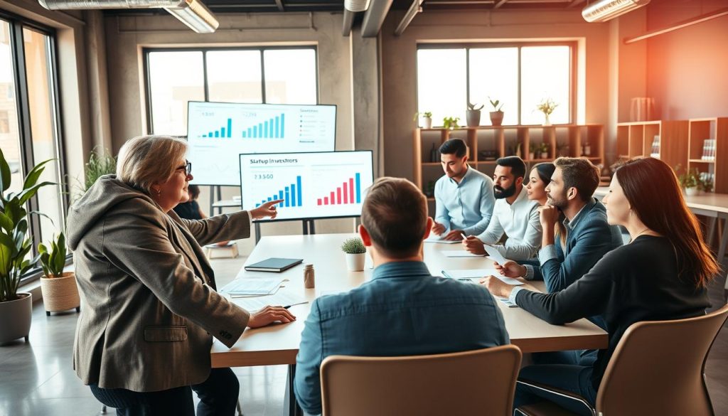A spacious office environment showcasing a group of diverse professionals engaged in a lively discussion around a large table. In the foreground, a middle-aged woman in a tailored suit points to a digital presentation projected on a screen, displaying graphs and data related to startup investments. In the middle ground, young professionals, including men and women of various ethnic backgrounds, are taking notes and reviewing documents. The atmosphere is collaborative and focused, lit by warm, natural light streaming through large windows. In the background, modern office decor with plants and bookshelves adds to the professional ambiance. The camera angle captures the scene from a slight elevation, emphasizing the interaction and energy among the participants.