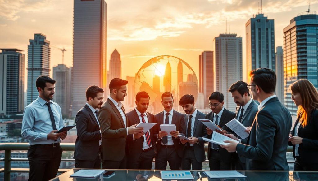 A vibrant and dynamic cityscape depicting the integration of domestic and international investment dynamics. In the foreground, a diverse group of business professionals in smart attire are engaged in discussion, analyzing documents and digital devices that showcase graphs and charts. In the middle ground, a stylized representation of a globe subtly intertwined with currency symbols flows into modern skyscrapers, symbolizing the fusion of global and local capital. The background features a setting sun casting a warm, golden hue over the skyline, suggesting optimism and opportunity. The atmosphere is lively yet professional, with a slightly blurred depth effect to emphasize the forefront characters. The lighting is soft yet well-defined, highlighting the key elements of collaboration and investment synergy.