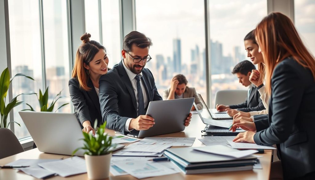 A vibrant, informative scene depicting a diverse group of business professionals engaged in a strategic meeting, symbolizing the contrasting approaches of strategic and financial investors. In the foreground, two professionals, a man and a woman, analyze charts and data on a laptop, dressed in sleek business attire. The middle ground showcases a conference table cluttered with documents, diagrams, and laptops, illustrating collaboration and discussion. In the background, large windows provide a panoramic cityscape view, bathed in soft, natural light, enhancing the atmosphere of opportunity and innovation. A neutral color palette with pops of green from plants and blue from the city skyline evokes a sense of professionalism and growth, reflecting the dynamic landscape of investment strategies.