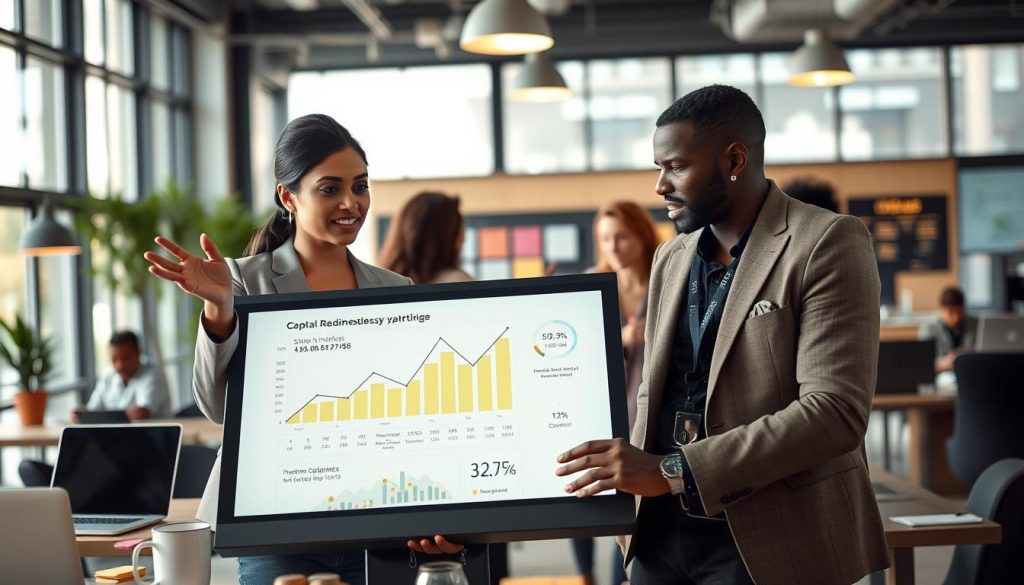 A vibrant scene depicting a modern startup workspace, filled with diverse entrepreneurs collaboratively discussing capital readiness strategies. In the foreground, a confident South Asian woman in professional attire gestures passionately while outlining a financial graph on a digital tablet. Beside her, a thoughtful Black man in a smart-casual blazer nods, taking notes. The middle ground features a large interactive screen displaying startup metrics and investment opportunities, glowing softly with ambient lighting. Surrounding them are various symbols of innovation, such as sticky notes, laptops, and coffee mugs, creating a dynamic atmosphere. In the background, a stylish open office area is visible, with large windows letting in natural light, enhancing the inspiring and focused mood of the image. The overall composition is bright and optimistic, embodying entrepreneurial spirit and collaboration.
