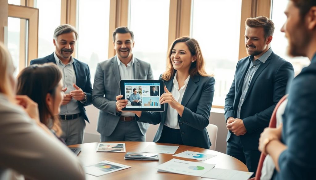 A warm, inviting scene depicting a diverse group of professionals (men and women) in a modern conference room, engaging in dynamic storytelling about fundraising. In the foreground, a woman in professional business attire animatedly gestures, holding a tablet displaying a compelling visual. The middle layer features a round table with various fundraising materials like brochures, charts, and a laptop open to a presentation. In the background, large windows allow soft, natural light to filter in, creating a positive and inspiring atmosphere. The overall mood is collaborative and motivating, emphasizing the impact of narrative in fundraising efforts. The angle captures the intense engagement of the participants, focusing on their expressions of enthusiasm and dedication.
