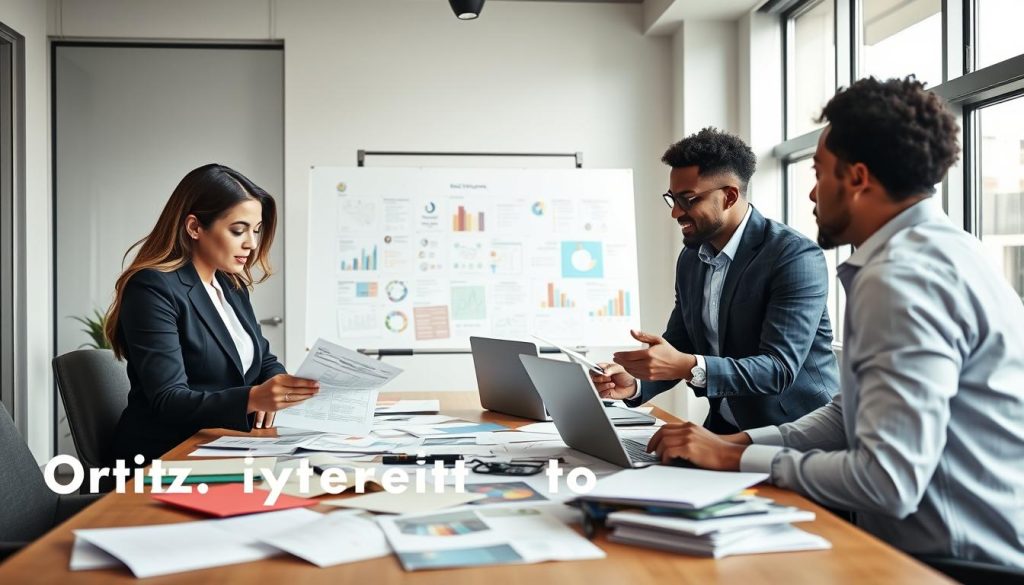 In a sleek, modern office setting, a diverse group of four professionals engage in a collaborative brainstorming session around a table strewn with pitch materials. The foreground features two individuals: a woman in a smart blazer, analyzing a document with focus, and a man in a crisp shirt using a laptop to present visual data. In the middle ground, a whiteboard filled with colorful charts and strategic notes emphasizes the importance of sharper narratives. The background showcases large windows letting in soft, natural light, creating an inspiring atmosphere. The scene is captured with a slightly elevated angle, giving a clear overview of engagement, teamwork, and creativity, embodying the essence of optimizing pitch materials for success in a disciplined, strategic manner.