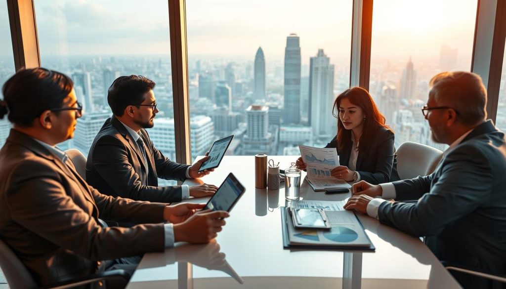 a modern office setting showcasing business professionals engaged in discussions about private market investment opportunities in India. In the foreground, a diverse group of four individuals dressed in professional business attire are seated around a sleek conference table, analyzing charts and graphs on digital devices. The middle ground features a large window with a panoramic view of a vibrant Indian cityscape with modern skyscrapers and traditional architecture blending seamlessly. The background is filled with soft, ambient lighting, creating a warm and inviting atmosphere. The image should evoke a sense of collaboration, opportunity, and strategic insight, captured from a slight low angle to emphasize the seriousness and ambition of the discussion.